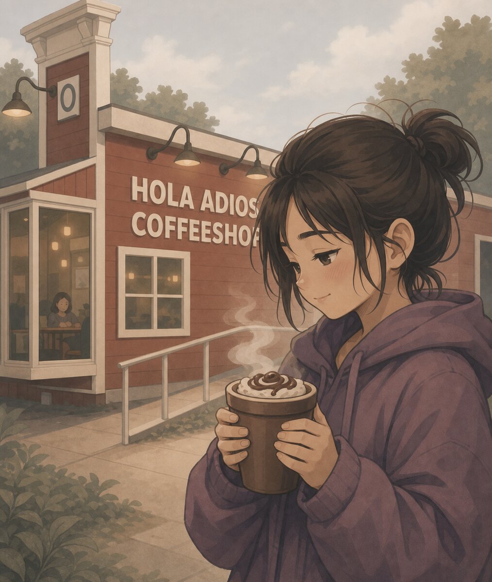 An illustration of the Hola Adios coffee shop, a red farmhouse-style building, with a cup of hot chocolate