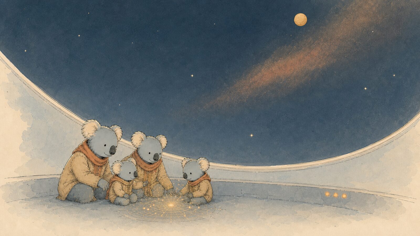The whole family of koalas, gathered around a glowing star map, looking up through the ship's window