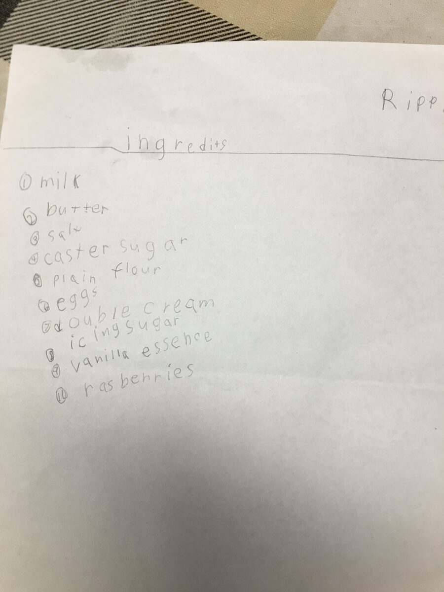 Her rough handwritten draft of the ingredients list