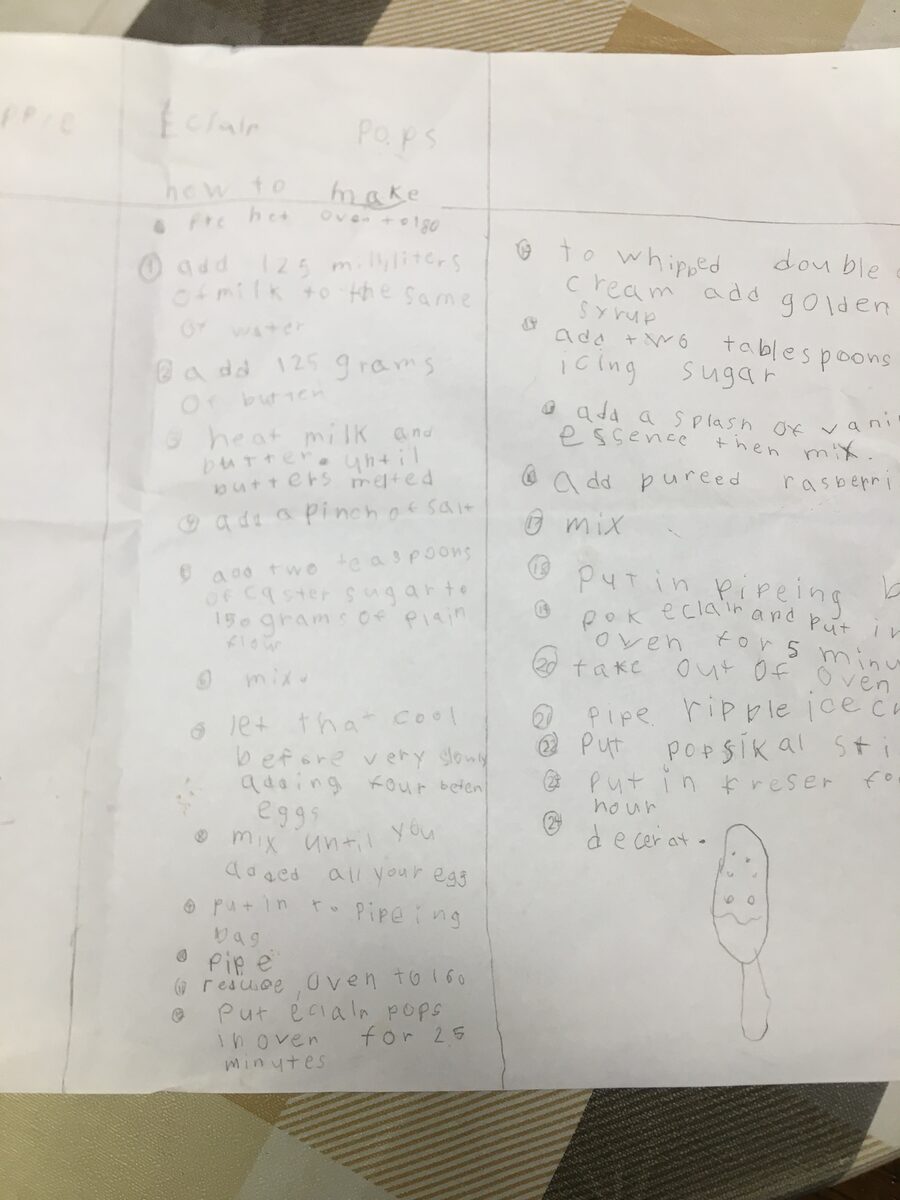 Her rough handwritten draft of the instructions, with an early sketch of the popsicle
