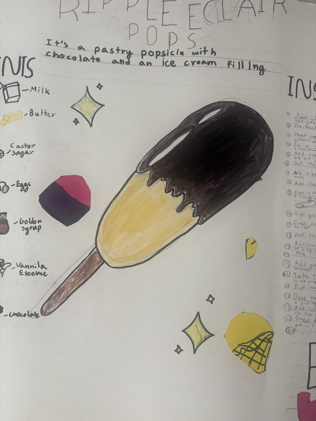 Her finished drawing of the eclair pop, chocolate-dipped with a ripple ice cream filling