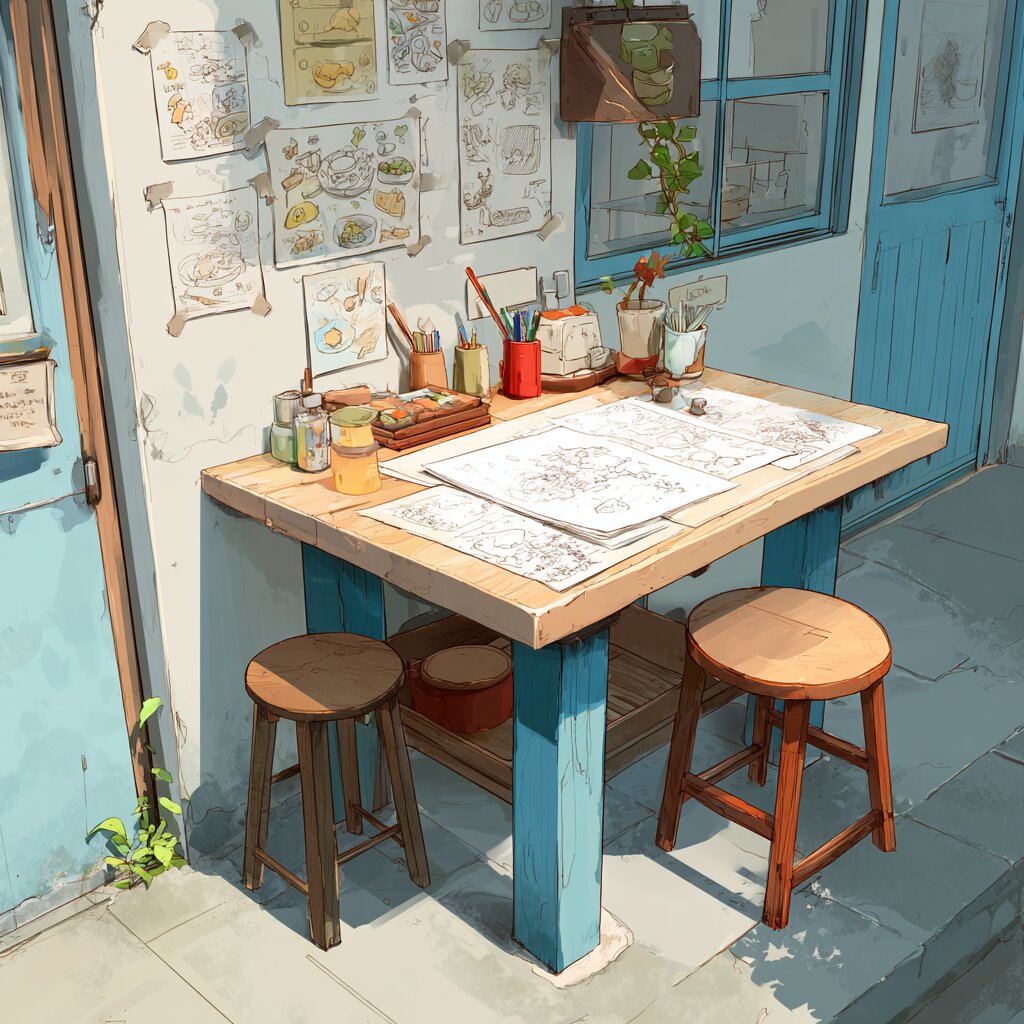 An illustrated workshop table scattered with sketches, paints, and supplies