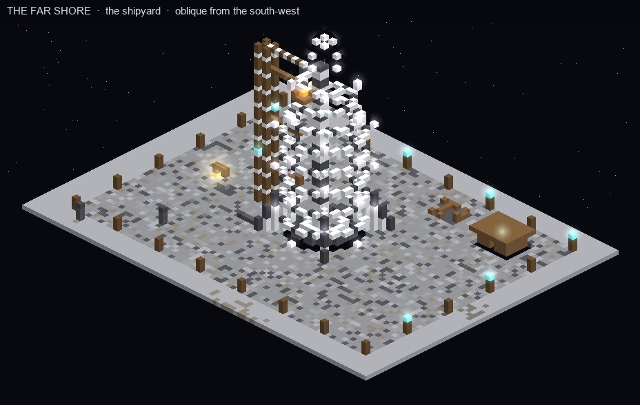 A real render of their custom-built Minecraft world — a ship frame rising from a shipyard, under a starfield