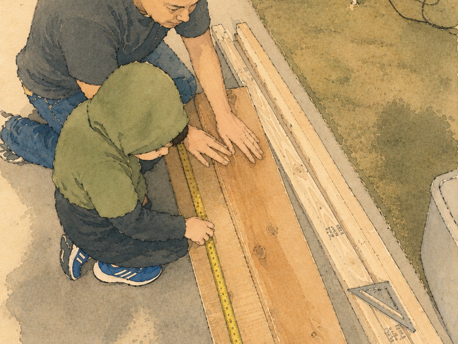 Illustration of the two of them measuring a cedar board together