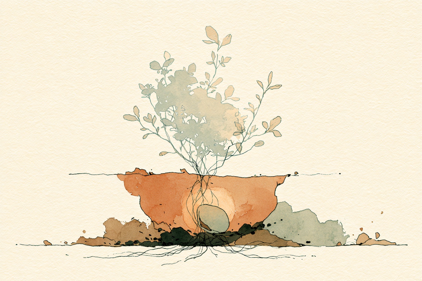 A watercolor cross-section: a seed resting just below the soil surface, fine roots reaching down, and the soft ghost of the grown herb rising above