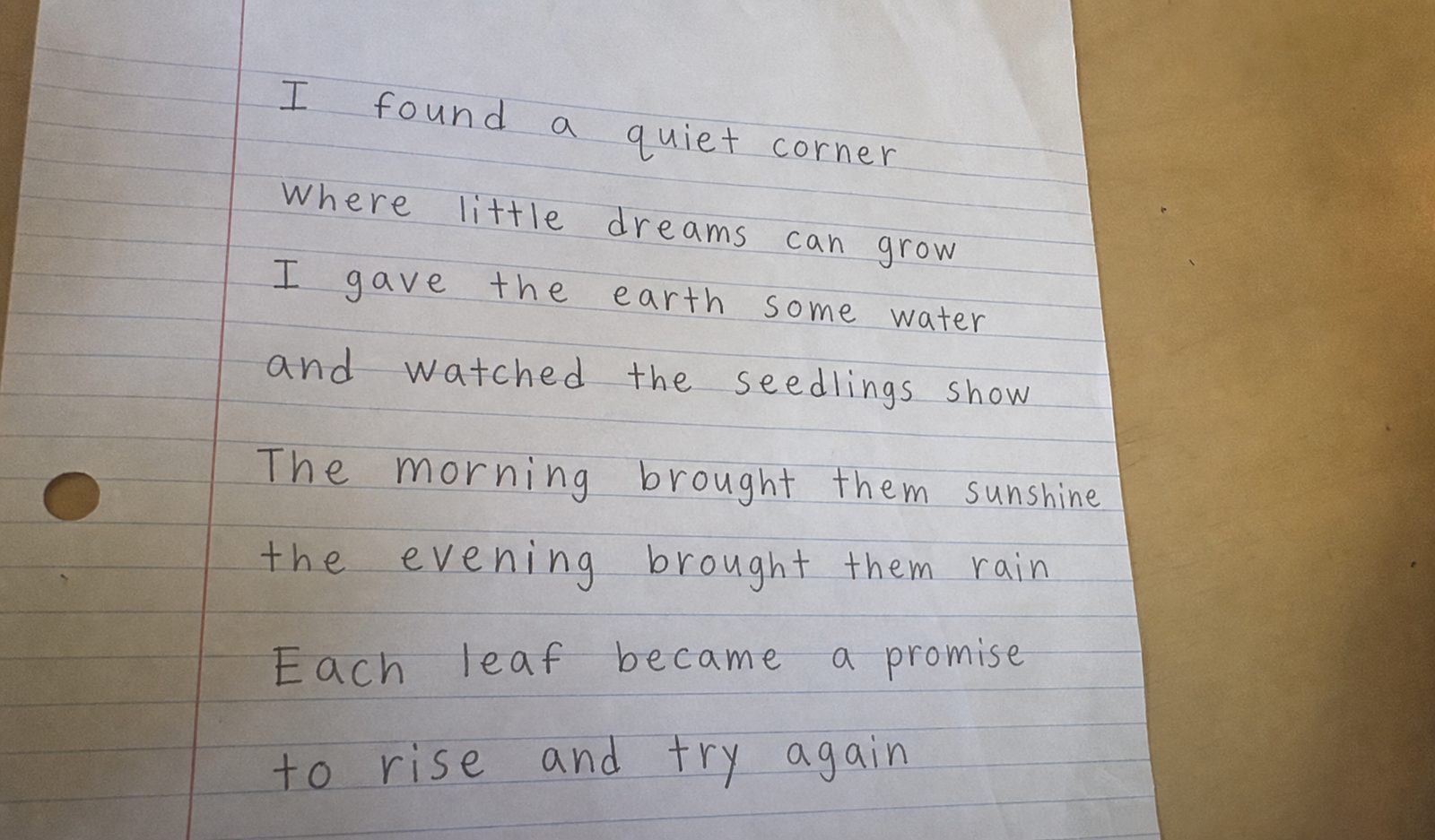Song lyrics copied out by hand on lined paper