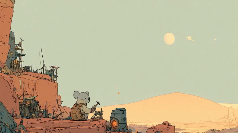 The Workshop — a koala at the forge in a canyon world